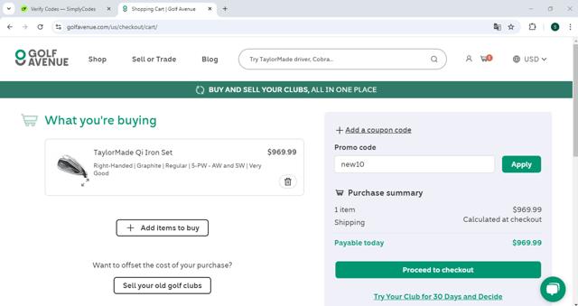 Golf Avenue checkout page showing Golf Avenue promo code box | Screenshot taken by SimplyCodes community member on Nov 12, 2024