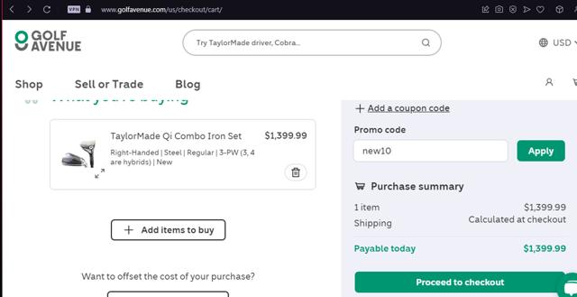 Golf Avenue checkout page showing Golf Avenue promo code box | Screenshot taken by SimplyCodes community member on Sep 28, 2024