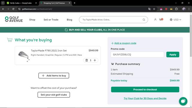 Golf Avenue checkout page showing Golf Avenue promo code box | Screenshot taken by SimplyCodes community member on Sep 28, 2024