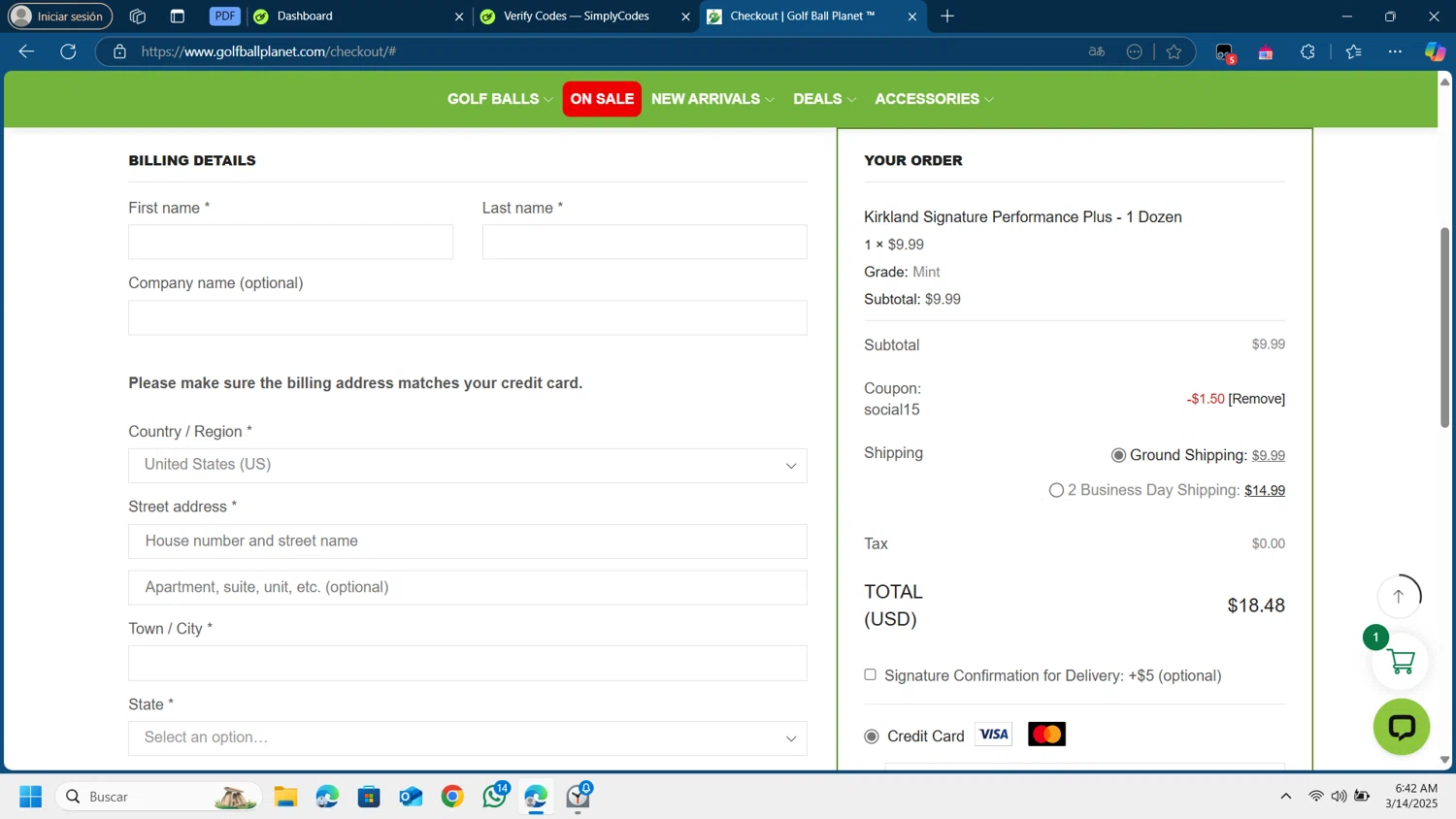 Golf Ball Planet coupon code screenshot showing code SOCIAL15 applied at Golf Ball Planet checkout page. Uploaded by SimplyCodes community member Lamine_Yamal on Mar 14, 2025