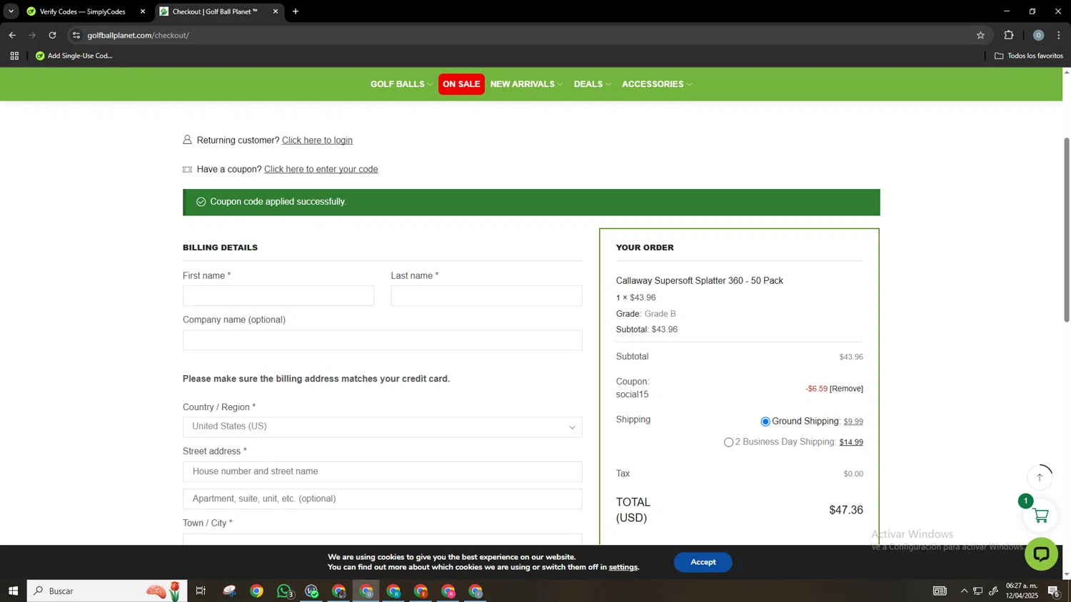 Golf Ball Planet coupon code screenshot showing code SOCIAL15 applied at Golf Ball Planet checkout page. Uploaded by SimplyCodes community member Neonvalo on Apr 12, 2025