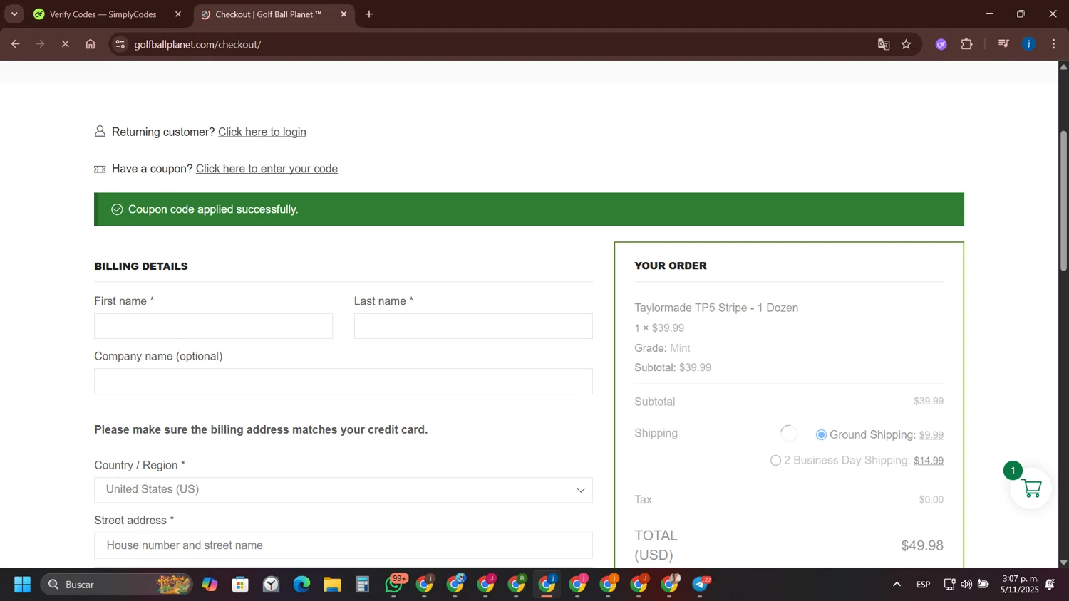 Golf Ball Planet coupon code screenshot showing code SOCIAL15 applied at Golf Ball Planet checkout page. Uploaded by SimplyCodes community member yameteqdasai on Nov 5, 2025