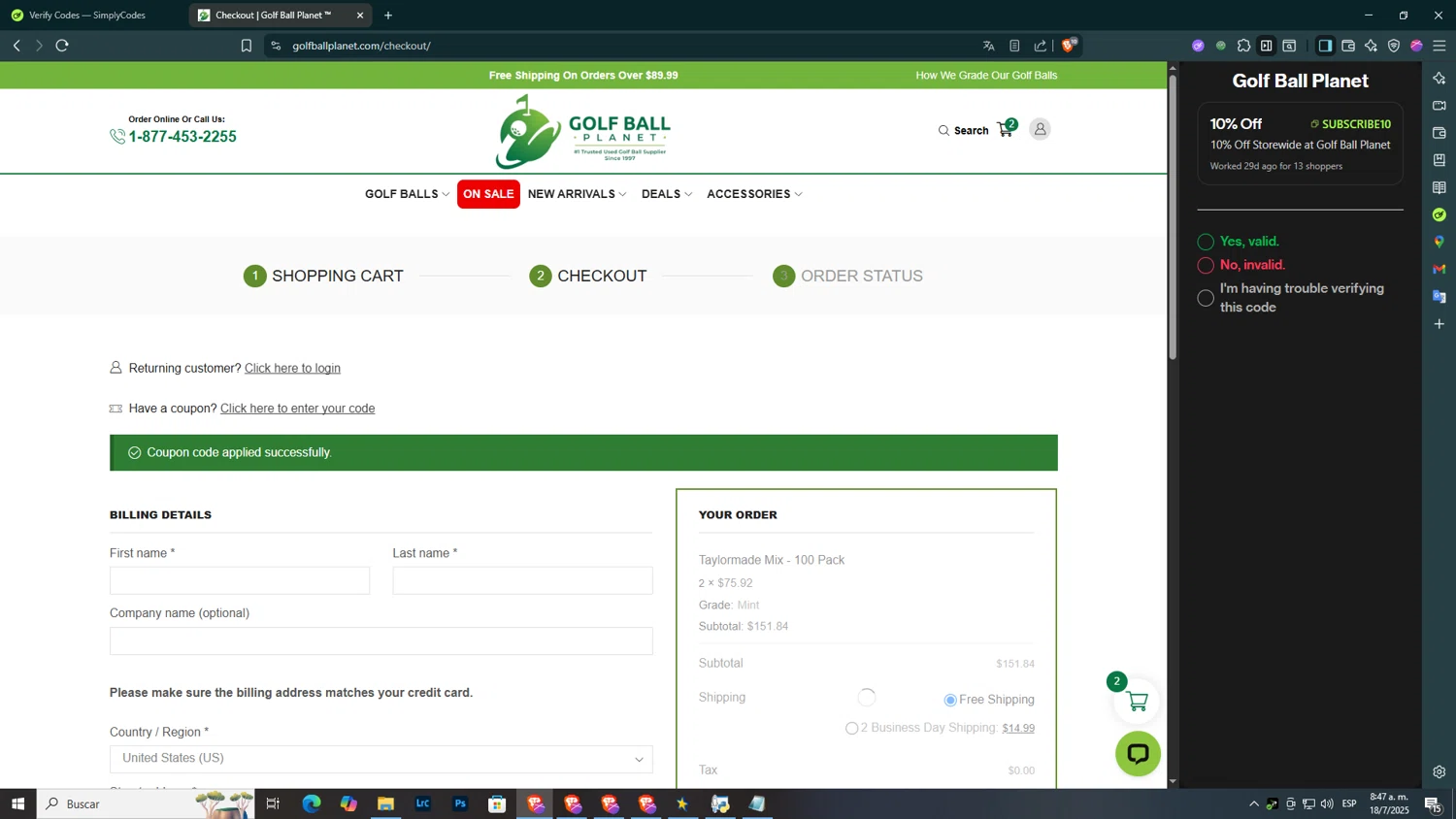 Golf Ball Planet coupon code screenshot showing code subscribe10 applied at Golf Ball Planet checkout page. Uploaded by SimplyCodes community member BOLITAS on Jul 18, 2025