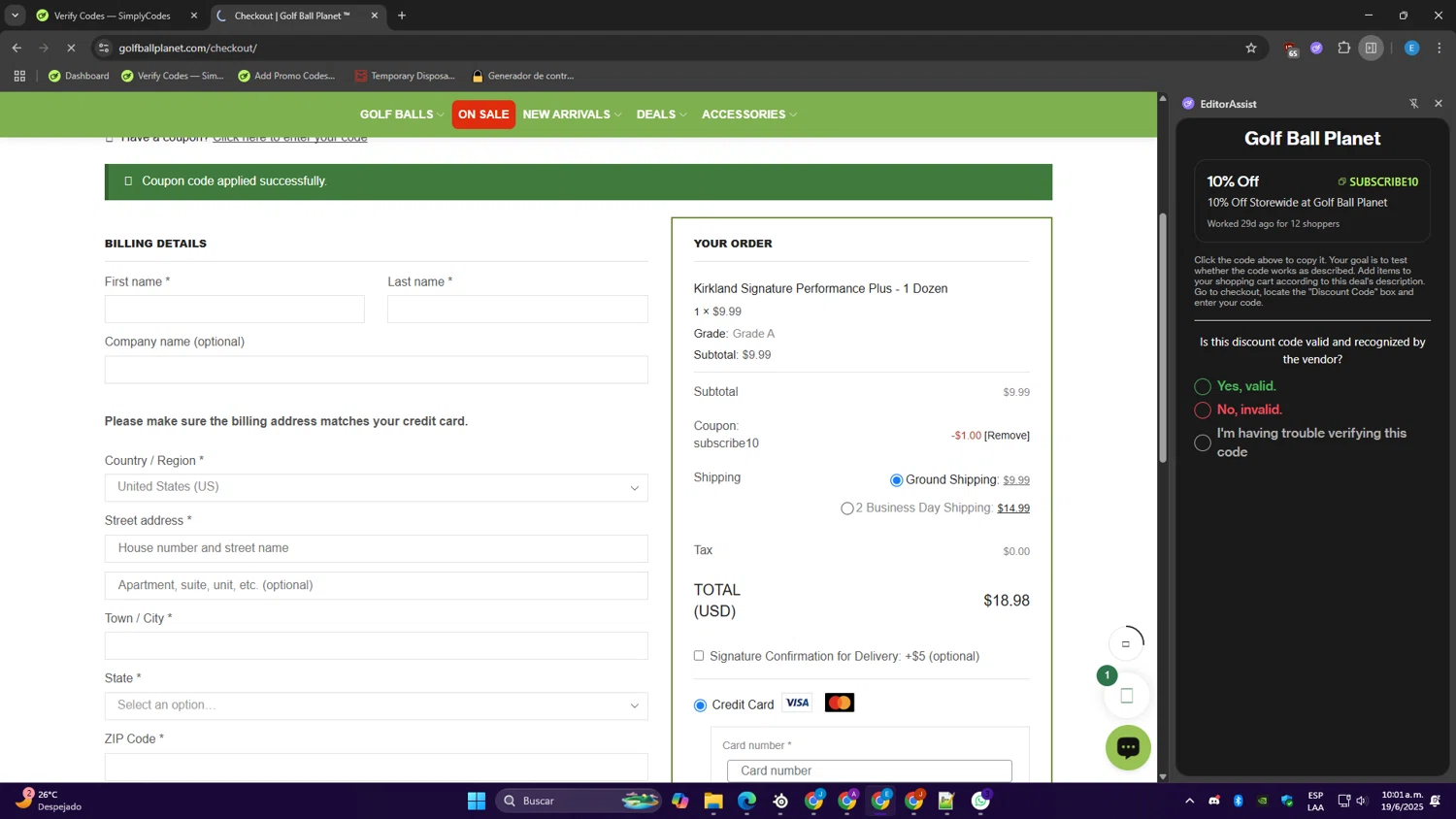 Golf Ball Planet coupon code screenshot showing code subscribe10 applied at Golf Ball Planet checkout page. Uploaded by SimplyCodes community member WiseMaven8415 on Jun 19, 2025