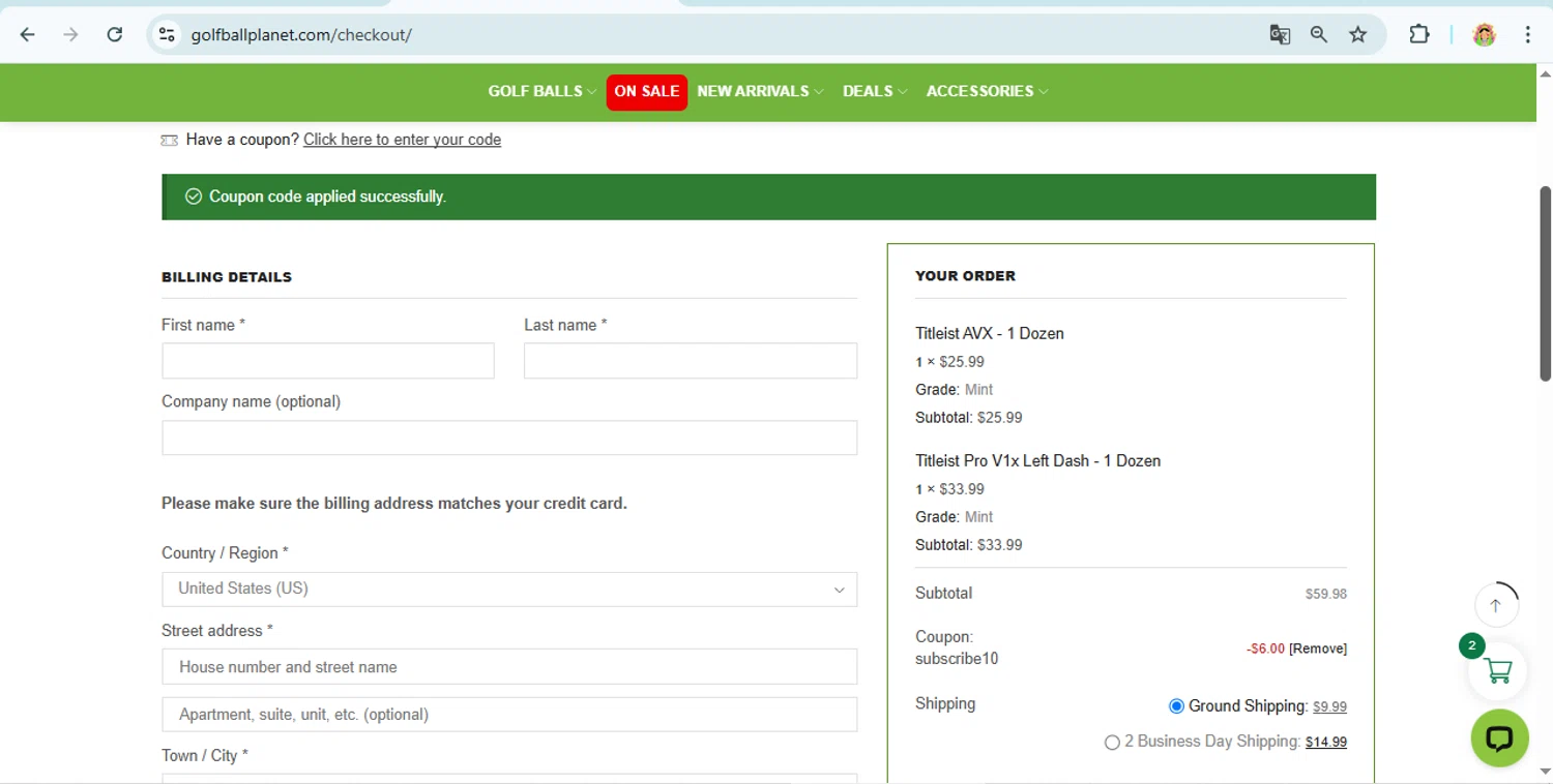 Golf Ball Planet coupon code screenshot showing code subscribe10 applied at Golf Ball Planet checkout page. Uploaded by SimplyCodes community member laurachirinos on May 21, 2025