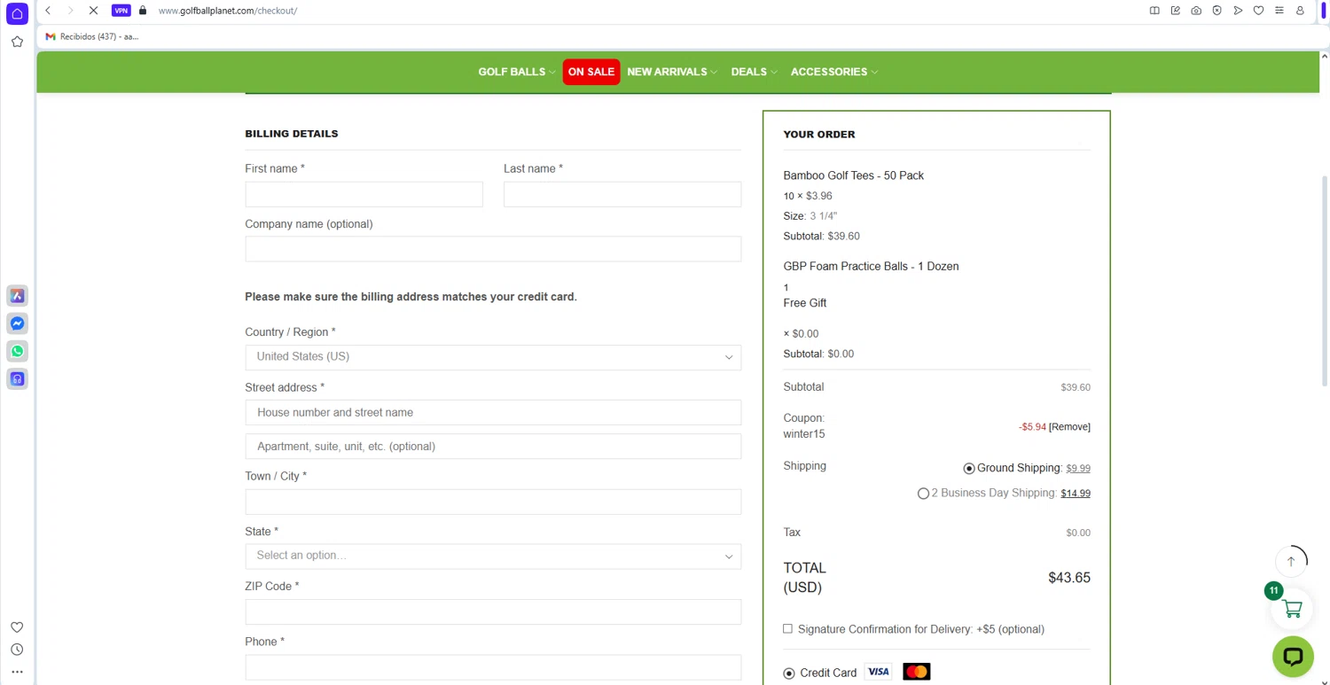 Golf Ball Planet checkout page showing Golf Ball Planet coupon code box | Screenshot taken by SimplyCodes community member on Jan 12, 2026