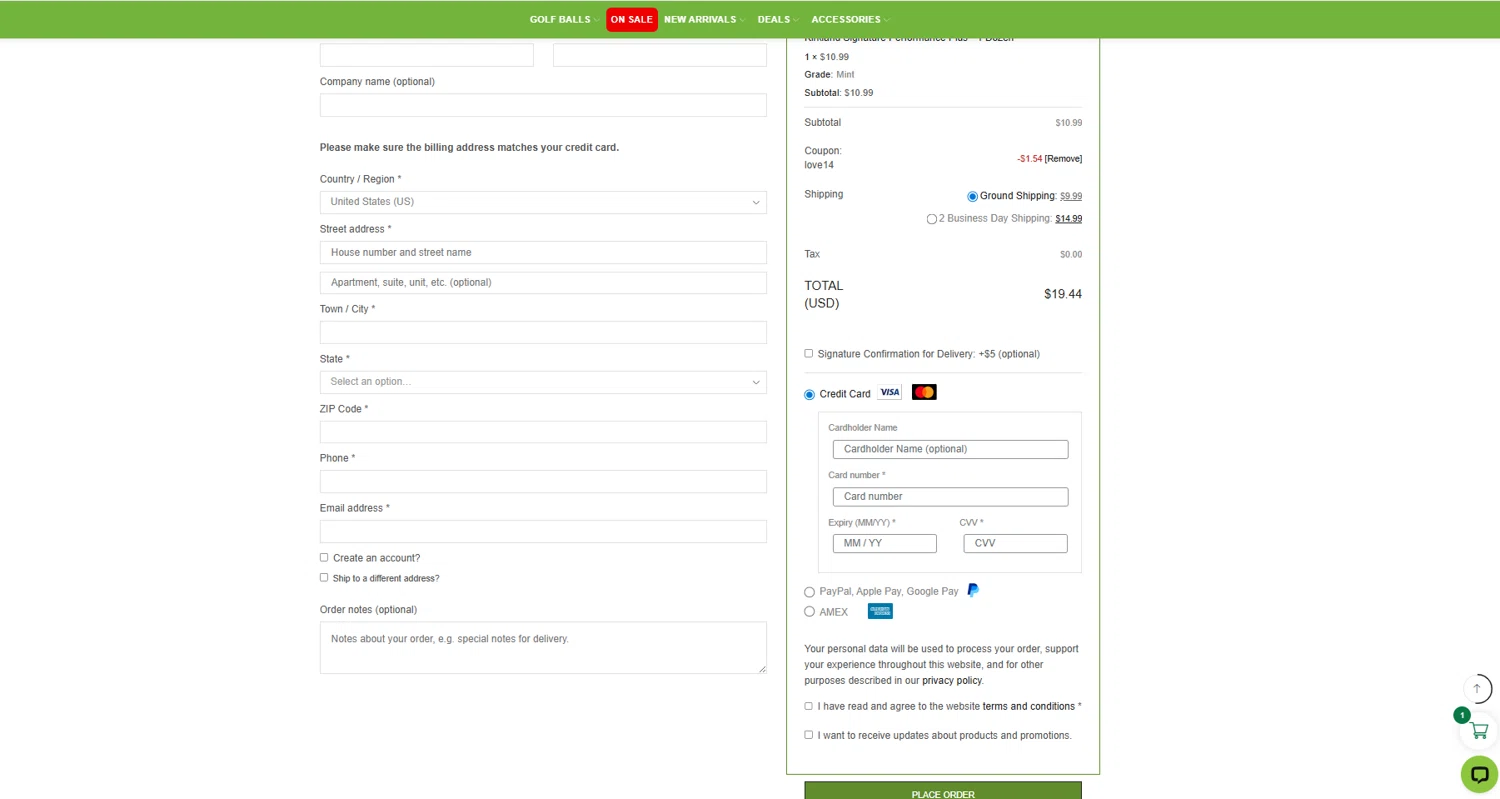 Golf Ball Planet coupon code screenshot showing code LOVE14 applied at Golf Ball Planet checkout page. Uploaded by SimplyCodes community member reggiesmith on Feb 9, 2026