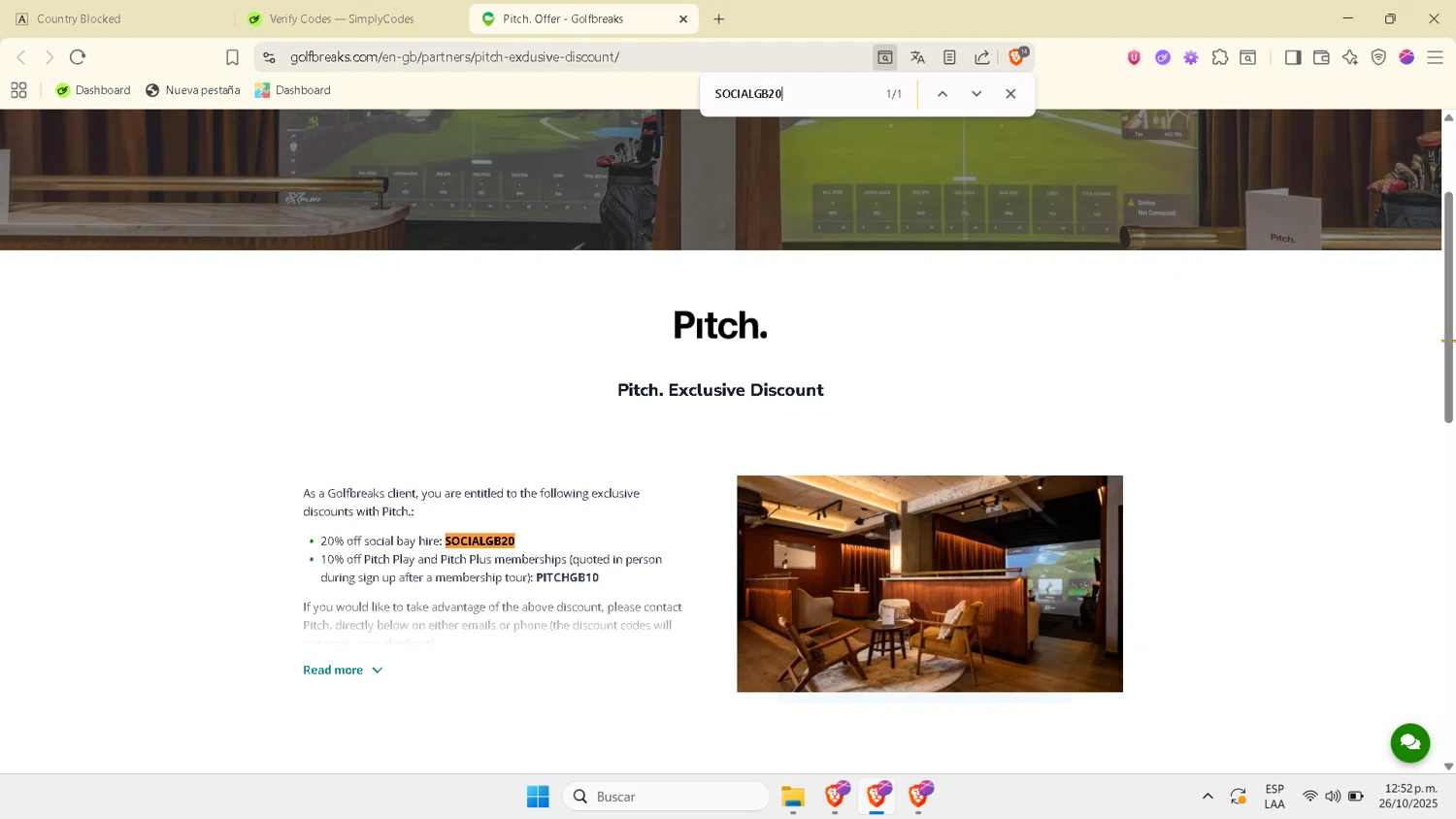 Golfbreaks promo code screenshot showing code SOCIALGB20 applied at Golfbreaks checkout page. Uploaded by SimplyCodes community member Esterasa on Oct 26, 2025