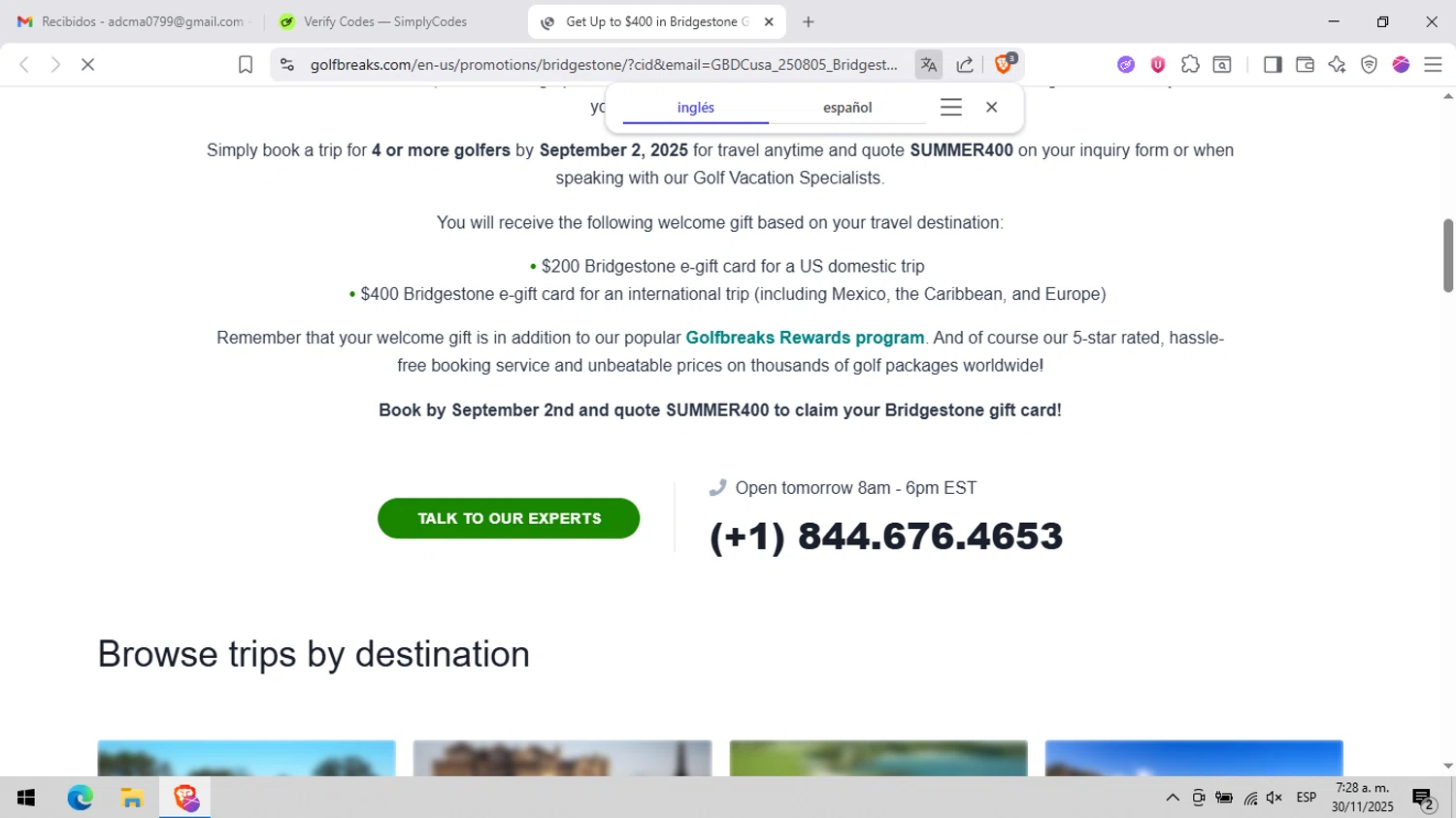 Golfbreaks promo code screenshot showing code SUMMER400 applied at Golfbreaks checkout page. Uploaded by SimplyCodes community member peachee on Nov 30, 2025