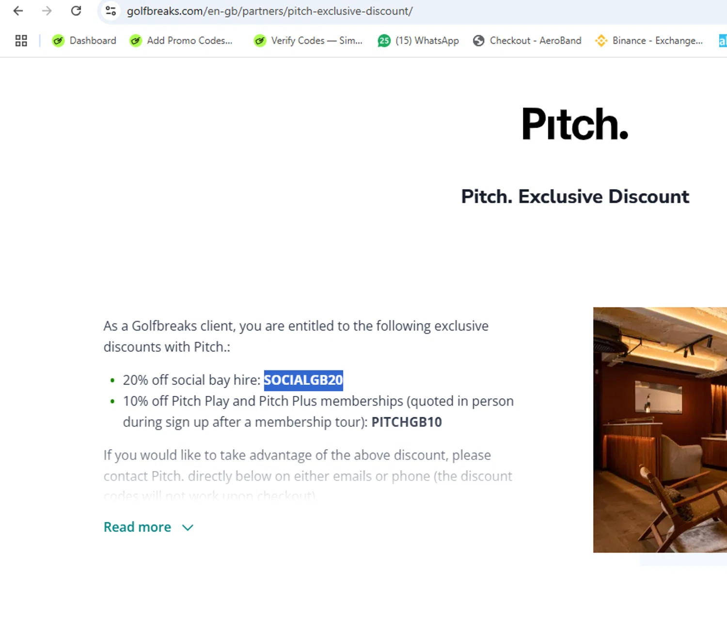 Golfbreaks promo code screenshot showing code SOCIALGB20 applied at Golfbreaks checkout page. Uploaded by SimplyCodes community member yeresojperez on Dec 23, 2025