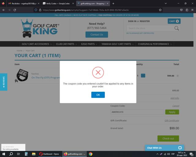 Golf Cart King checkout page showing Golf Cart King coupon code box | Screenshot taken by SimplyCodes community member on Sep 28, 2023