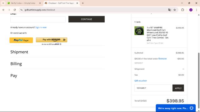 Golf Cart Tire Supply checkout page showing Golf Cart Tire Supply promo code box | Screenshot taken by SimplyCodes community member on Jul 12, 2025