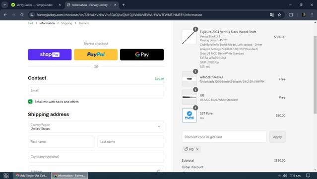 GOLF.com checkout page showing GOLF.com discount code box | Screenshot taken by SimplyCodes community member on Jul 19, 2024