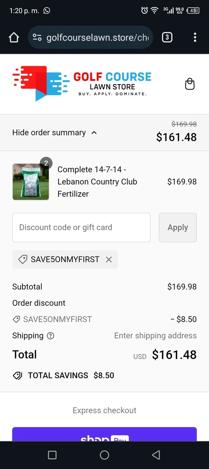 Golf Course Lawn Store checkout page showing Golf Course Lawn Store discount code box | Screenshot taken by SimplyCodes community member on Aug 10, 2024