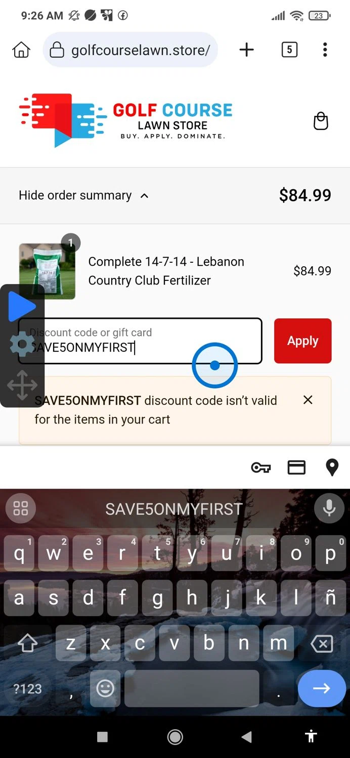 Golf Course Lawn Store checkout page showing Golf Course Lawn Store discount code box | Screenshot taken by SimplyCodes community member on Sep 8, 2024