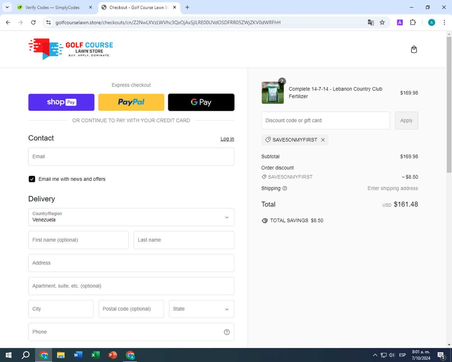Golf Course Lawn Store checkout page showing Golf Course Lawn Store discount code box | Screenshot taken by SimplyCodes community member on Oct 7, 2024