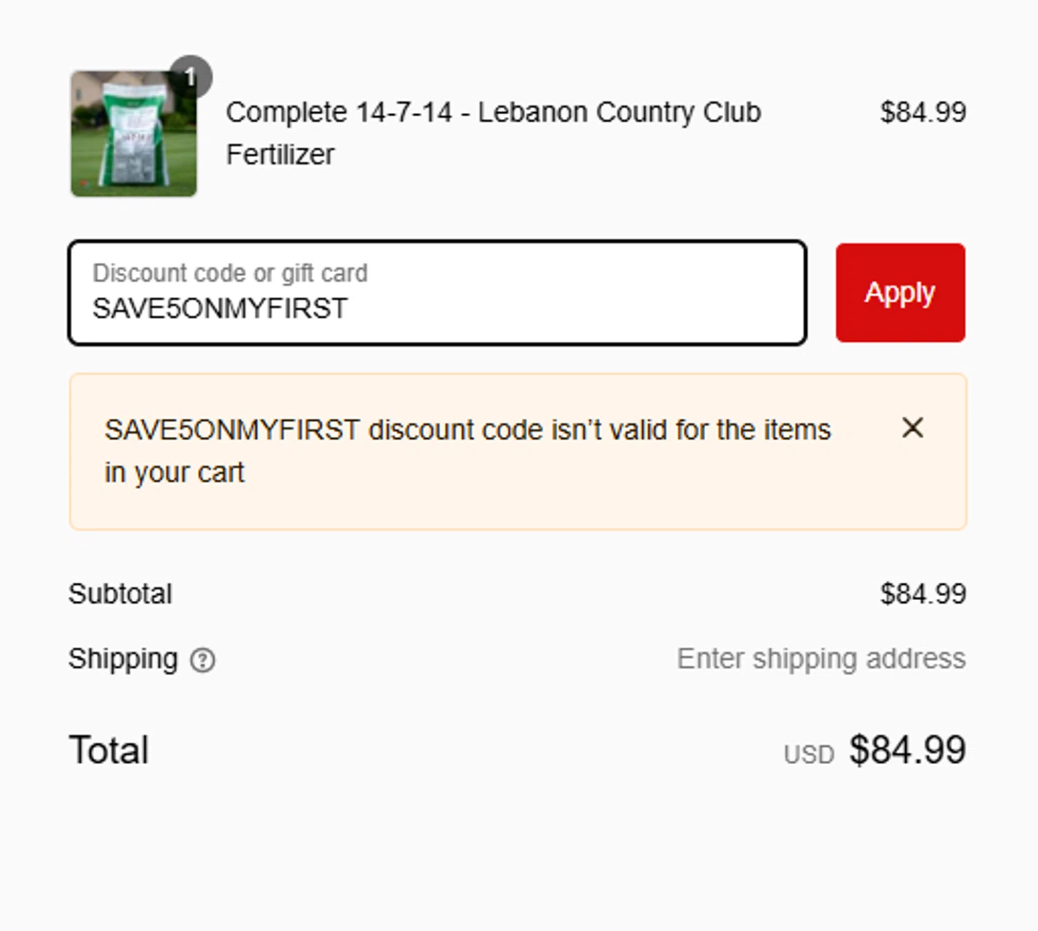 Golf Course Lawn Store checkout page showing Golf Course Lawn Store discount code box | Screenshot taken by SimplyCodes community member on Dec 4, 2024