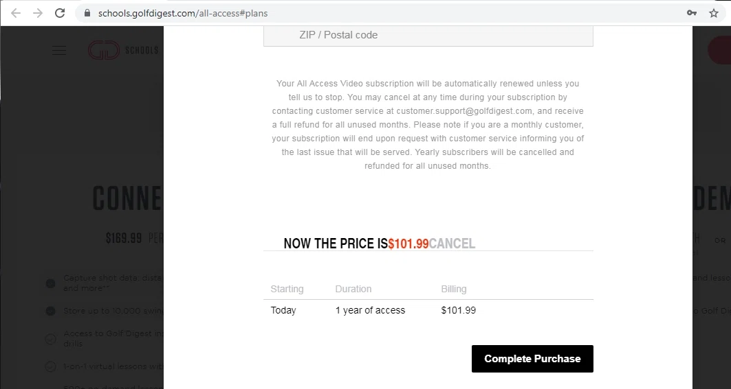 Golfdigest checkout page showing Golfdigest promo code box | Screenshot taken by SimplyCodes community member on Jul 13, 2021