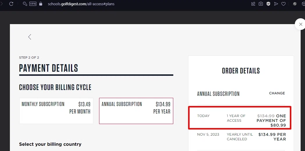 Golfdigest checkout page showing Golfdigest promo code box | Screenshot taken by SimplyCodes community member on Nov 5, 2022