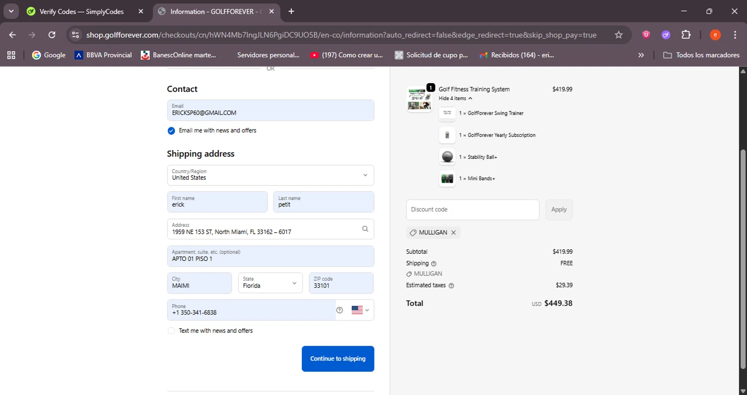 GolfForever discount code screenshot showing code MULLIGAN applied at GolfForever checkout page. Uploaded by SimplyCodes community member BrilliantSleuth7740 on Oct 21, 2025