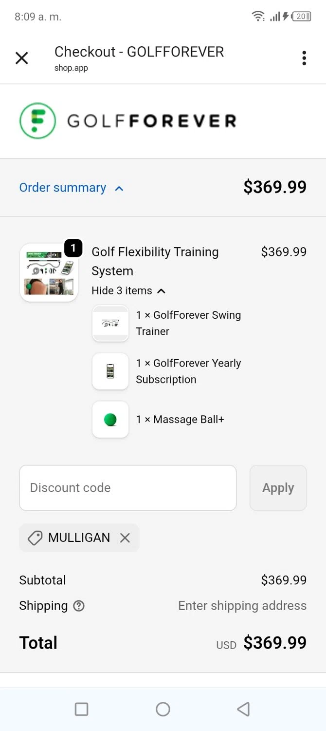 GolfForever discount code screenshot showing code MULLIGAN applied at GolfForever checkout page. Uploaded by SimplyCodes community member tumiedo on Dec 24, 2025