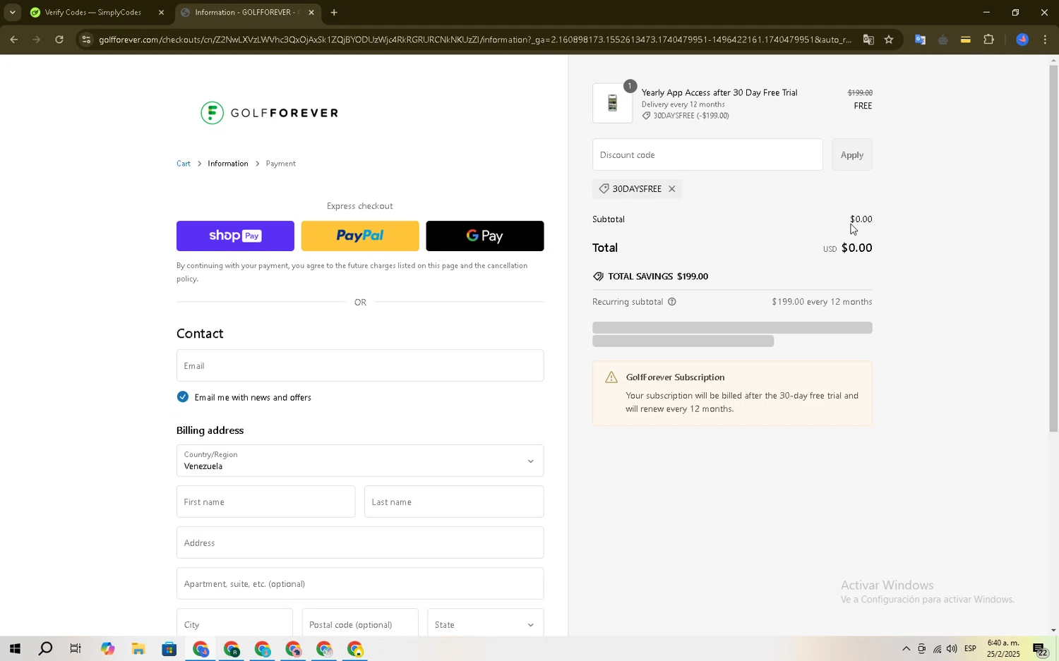 GolfForever discount code screenshot showing code 30DAYSFREE applied at GolfForever checkout page. Uploaded by SimplyCodes community member Brown_w on Feb 25, 2025