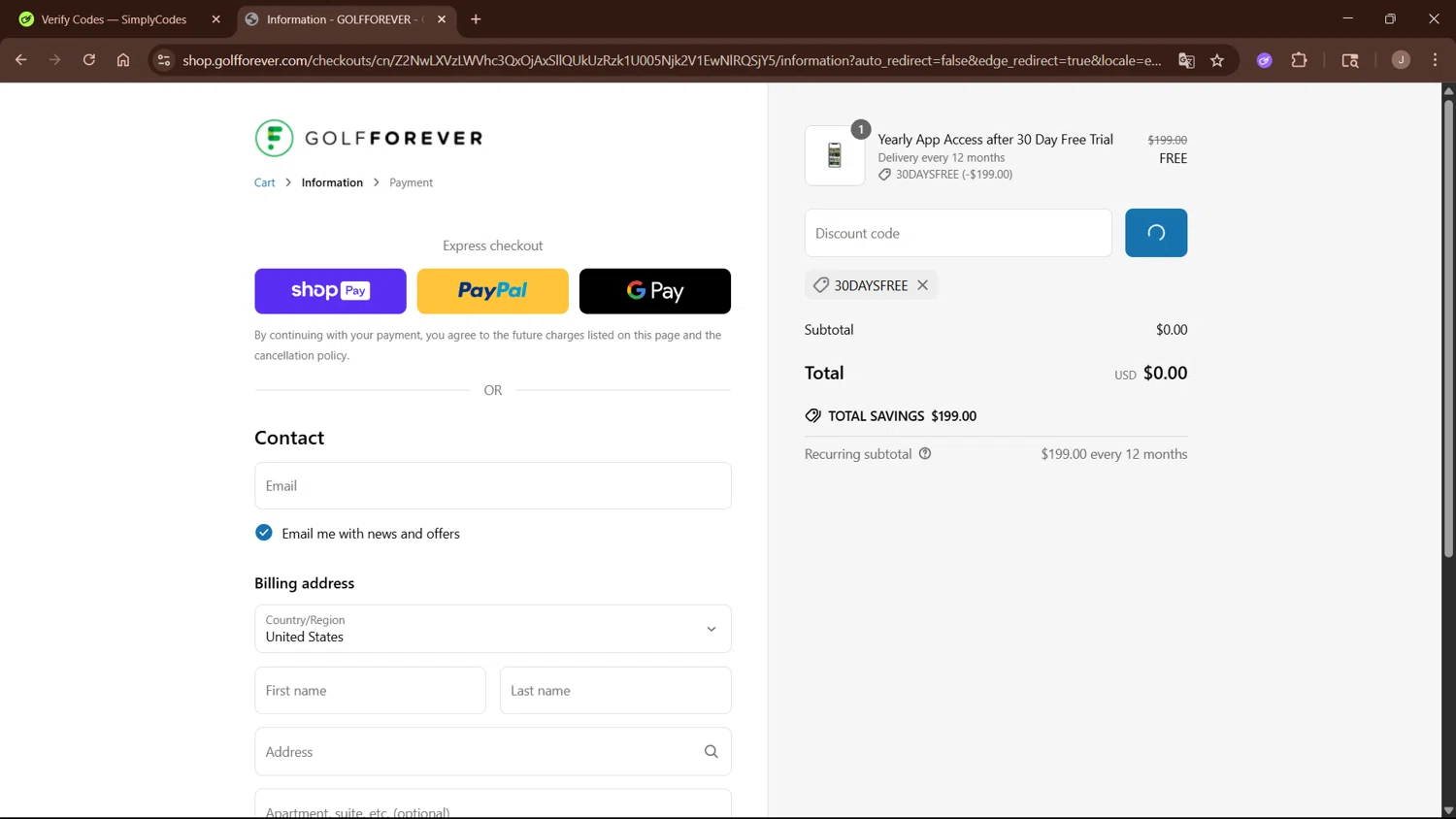 GolfForever discount code screenshot showing code 30DAYSFREE applied at GolfForever checkout page. Uploaded by SimplyCodes community member WisePro3955 on Jun 26, 2025