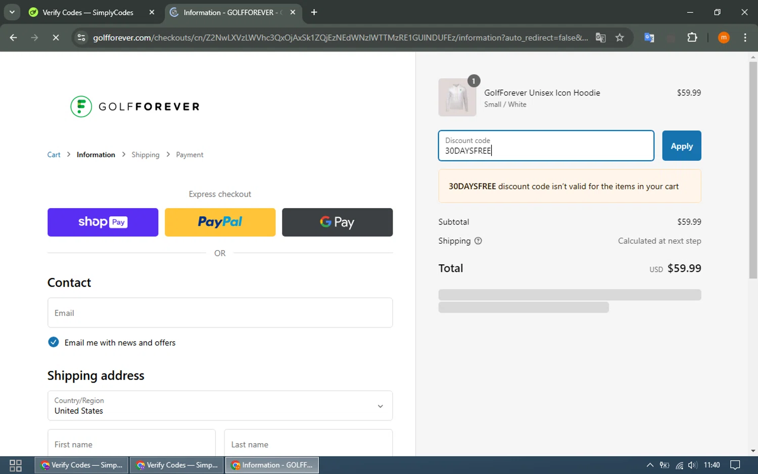 GolfForever discount code screenshot showing code 30DAYSFREE applied at GolfForever checkout page. Uploaded by SimplyCodes community member EpicTracker8800 on Feb 25, 2025