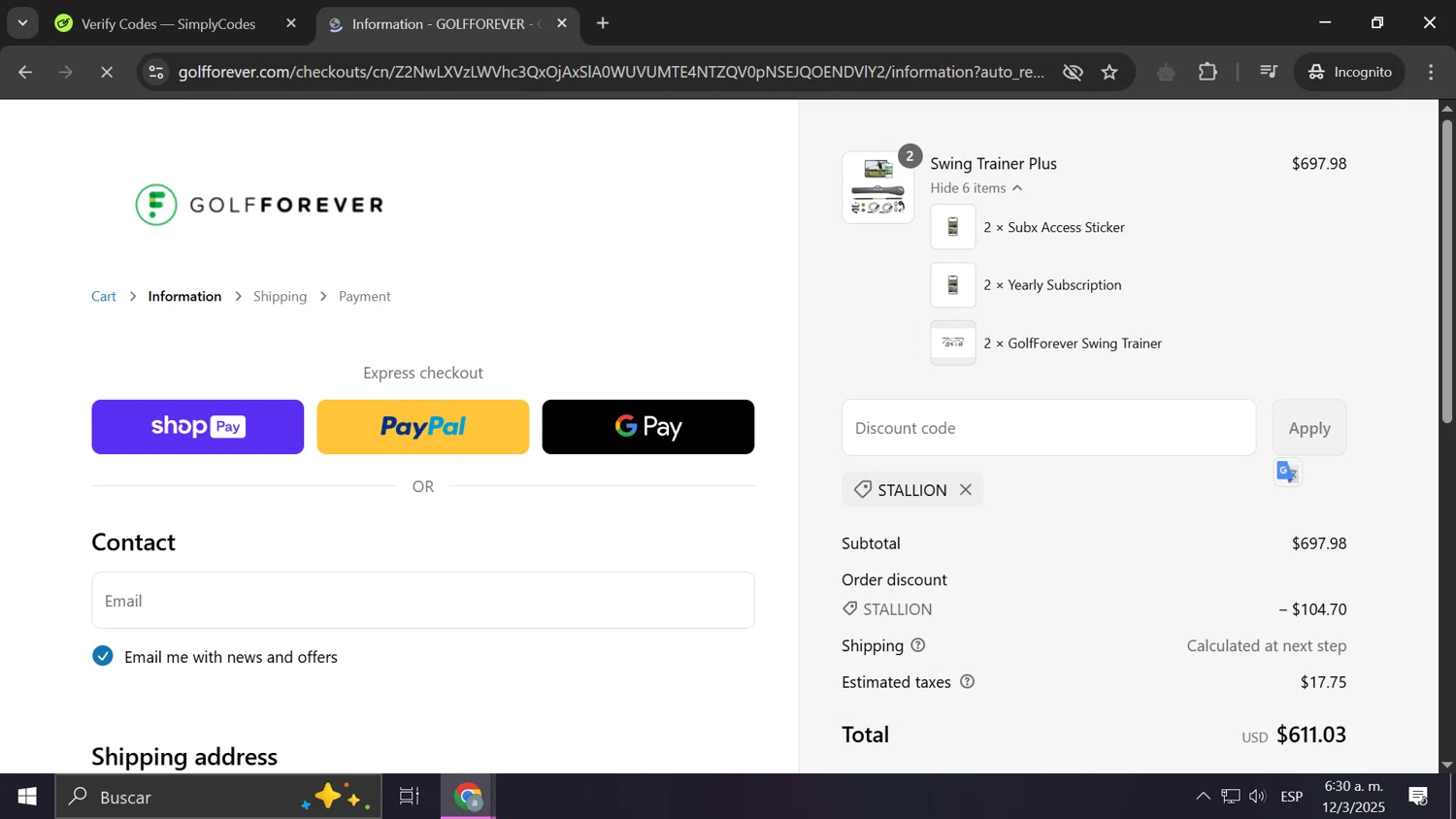 GolfForever discount code screenshot showing code Stallion applied at GolfForever checkout page. Uploaded by SimplyCodes community member PrimeShopper662 on Mar 12, 2025
