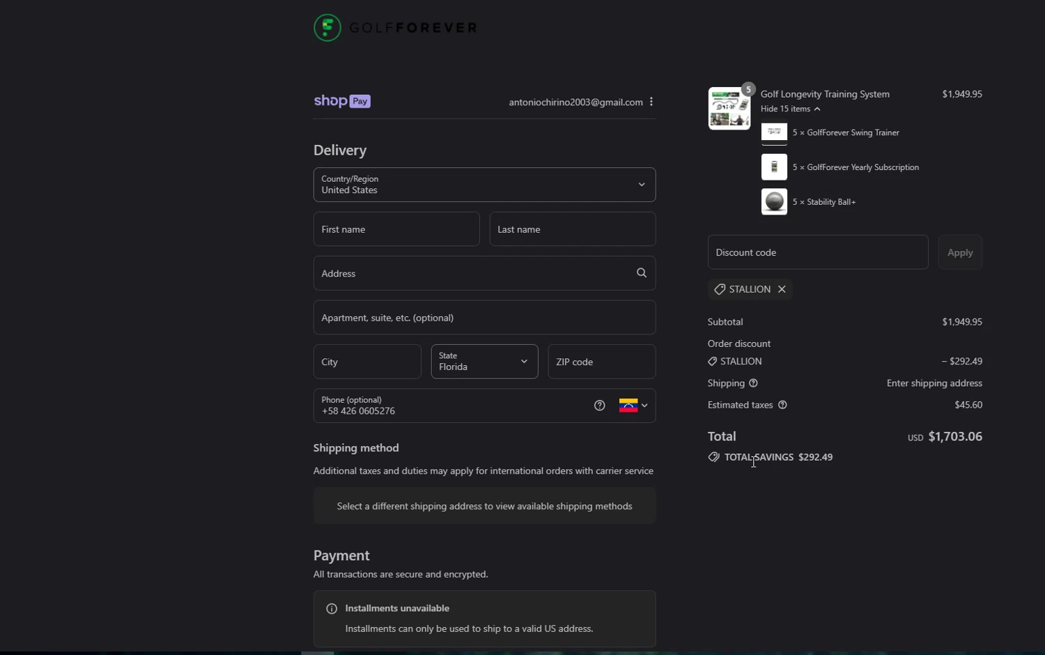 GolfForever discount code screenshot showing code Stallion applied at GolfForever checkout page. Uploaded by SimplyCodes community member johnnybravo on Aug 17, 2025