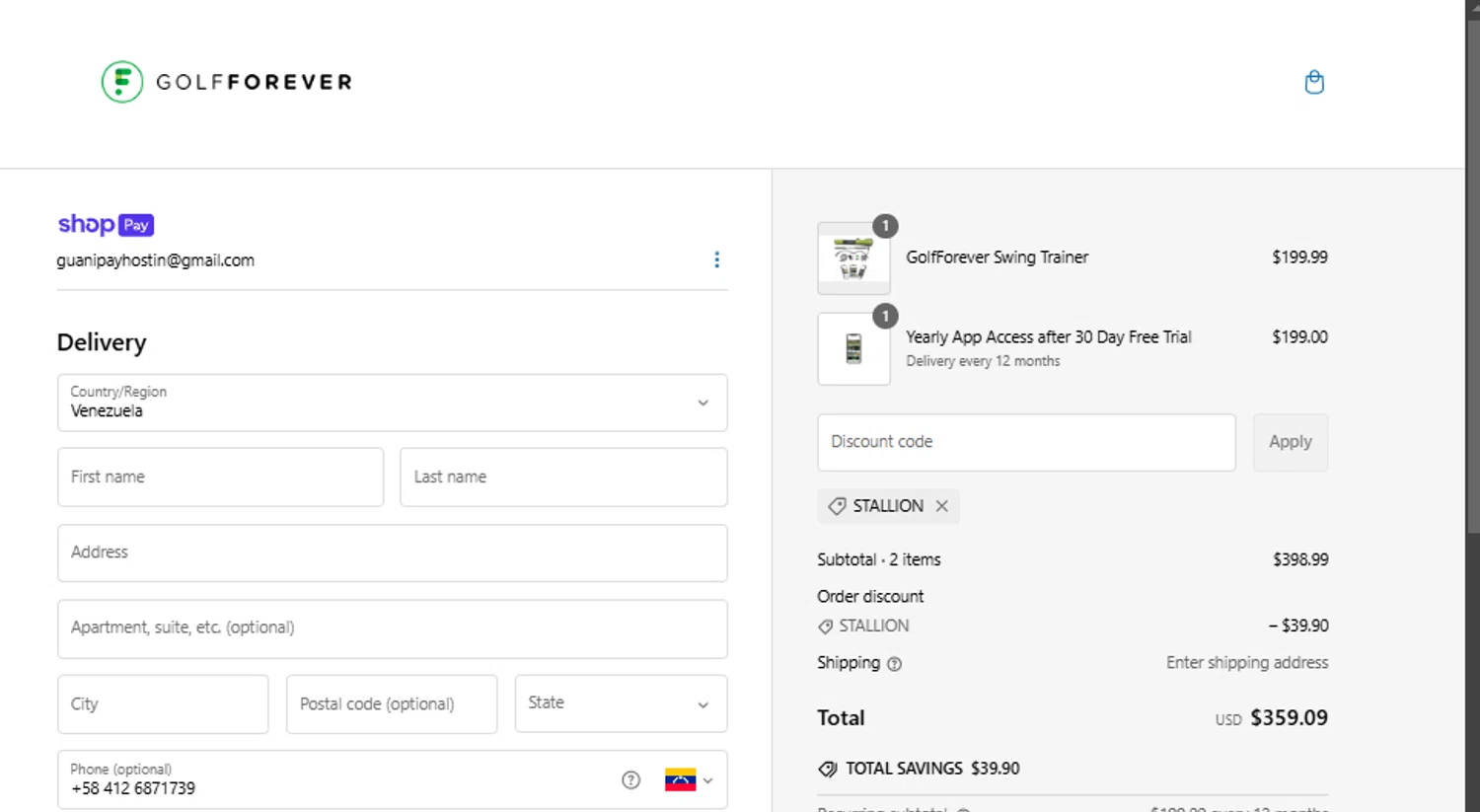 GolfForever discount code screenshot showing code Stallion applied at GolfForever checkout page. Uploaded by SimplyCodes community member scotlake22 on Feb 11, 2025