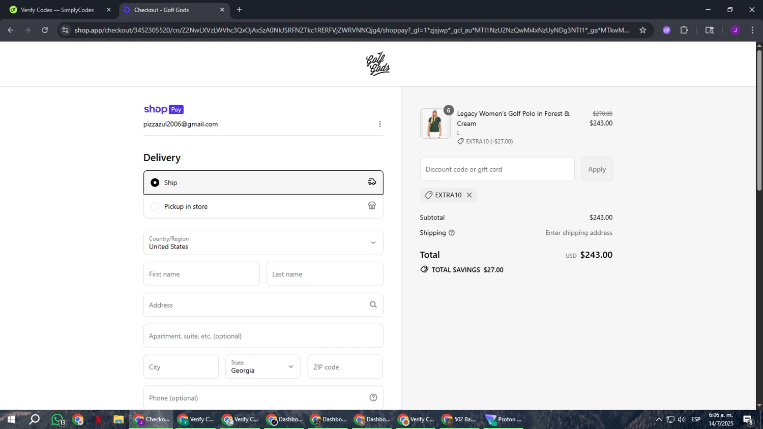 Golf Gods discount code screenshot showing code EXTRA10 applied at Golf Gods checkout page. Uploaded by SimplyCodes community member ComeBurra123 on Jul 14, 2025