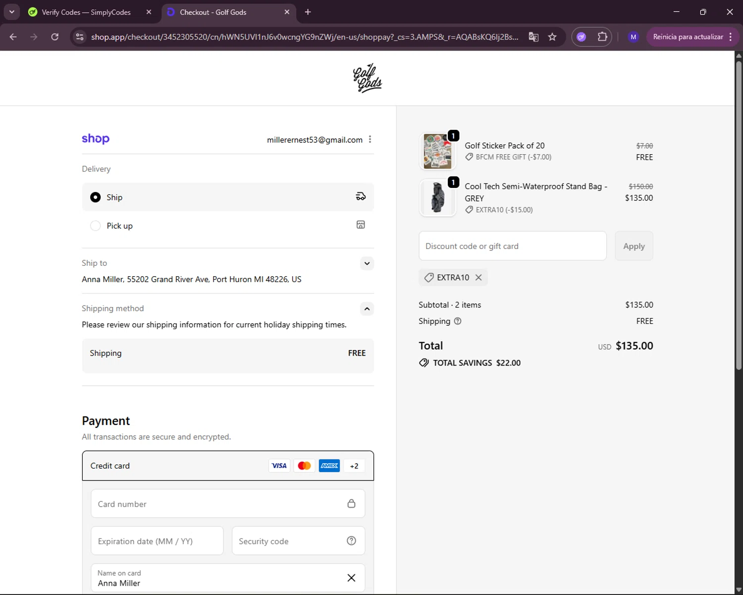 Golf Gods discount code screenshot showing code EXTRA10 applied at Golf Gods checkout page. Uploaded by SimplyCodes community member RewardLynx5307 on Nov 20, 2025