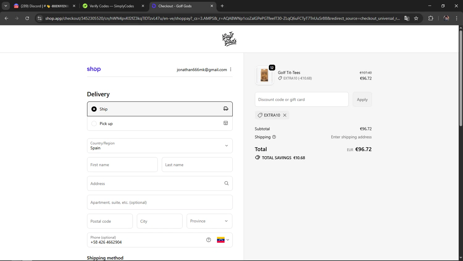 Golf Gods discount code screenshot showing code EXTRA10 applied at Golf Gods checkout page. Uploaded by SimplyCodes community member s3v3nmk on Nov 2, 2025