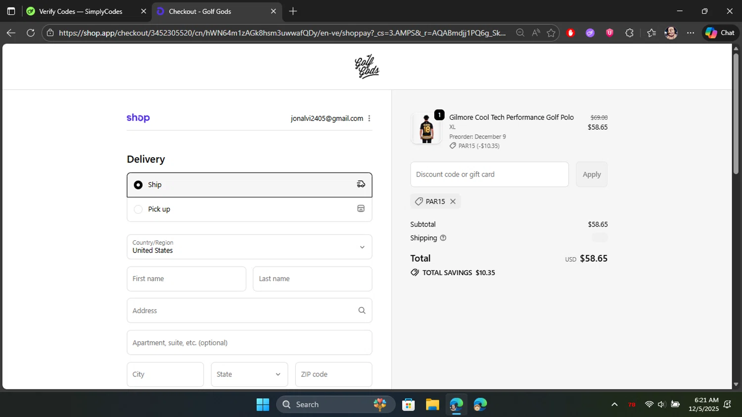 Golf Gods discount code screenshot showing code par15 applied at Golf Gods checkout page. Uploaded by SimplyCodes community member Blackleg_Sanji on Dec 5, 2025