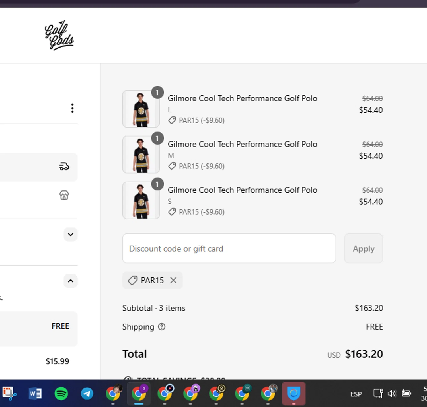 Golf Gods discount code screenshot showing code par15 applied at Golf Gods checkout page. Uploaded by SimplyCodes community member Lamadama on May 30, 2025