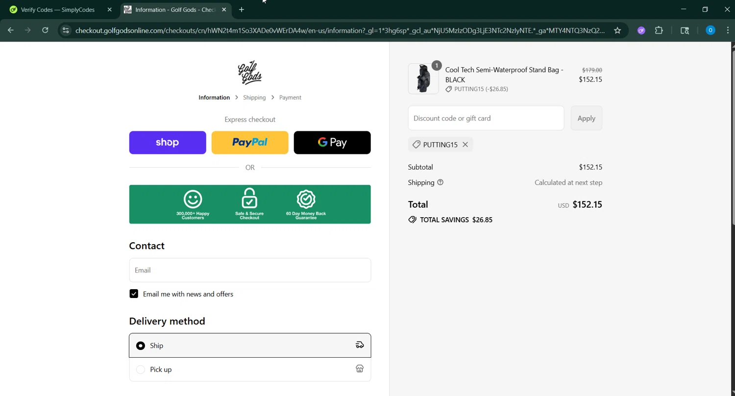 Golf Gods discount code screenshot showing code PUTTING15 applied at Golf Gods checkout page. Uploaded by SimplyCodes community member GoldChaser6627 on Sep 12, 2025