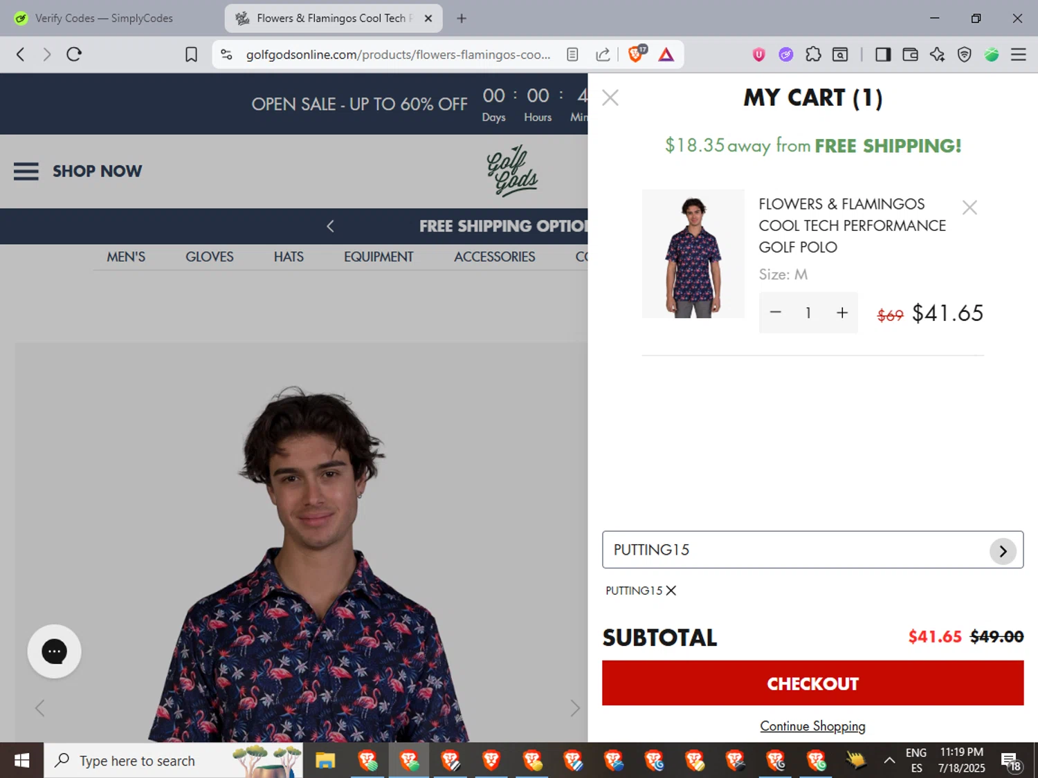 Golf Gods discount code screenshot showing code PUTTING15 applied at Golf Gods checkout page. Uploaded by SimplyCodes community member LuckyFinder3550 on Jul 19, 2025