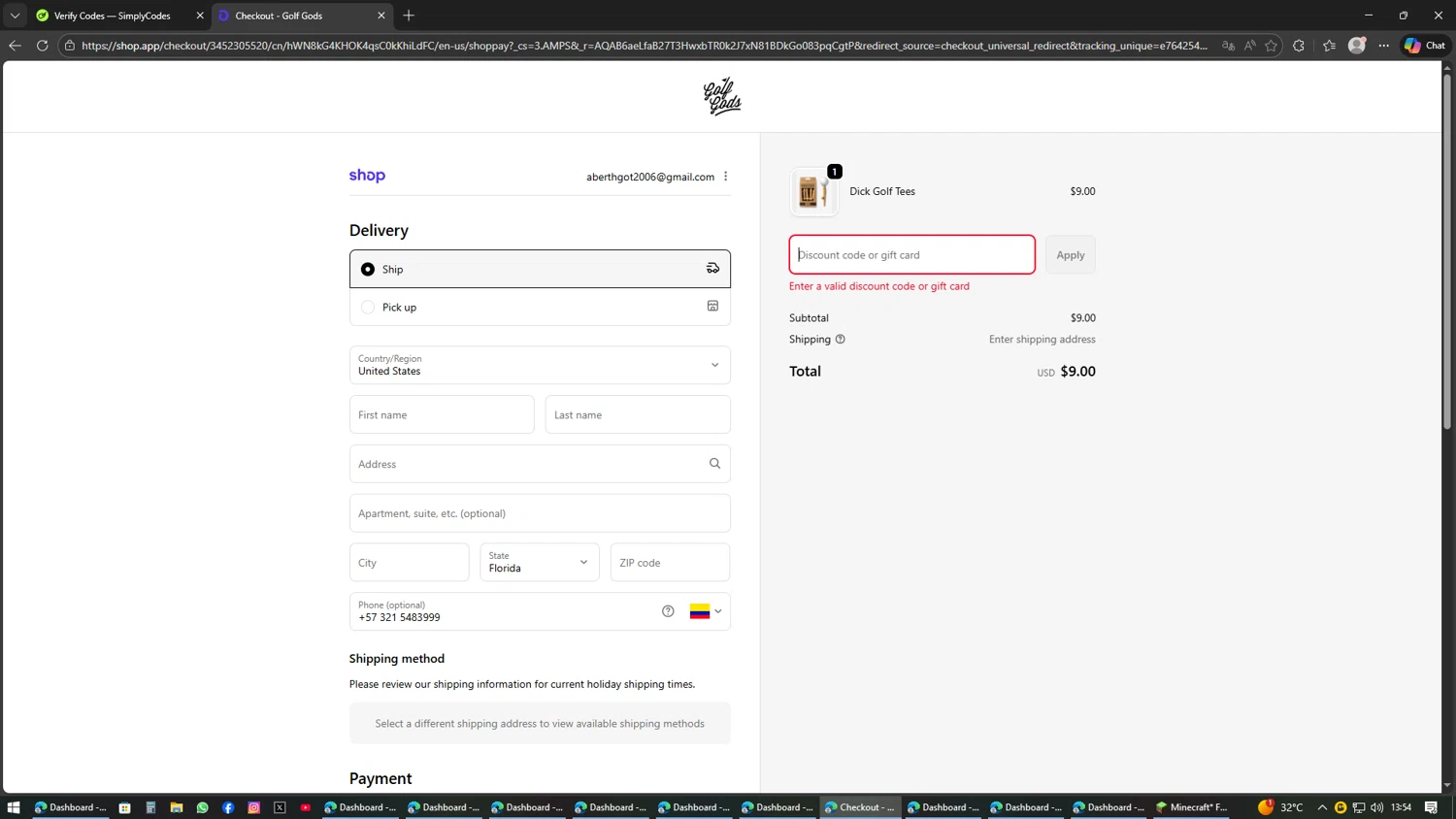 Golf Gods discount code screenshot showing code MYSTERY06 applied at Golf Gods checkout page. Uploaded by SimplyCodes community member AVAMUSTANG on Feb 13, 2026