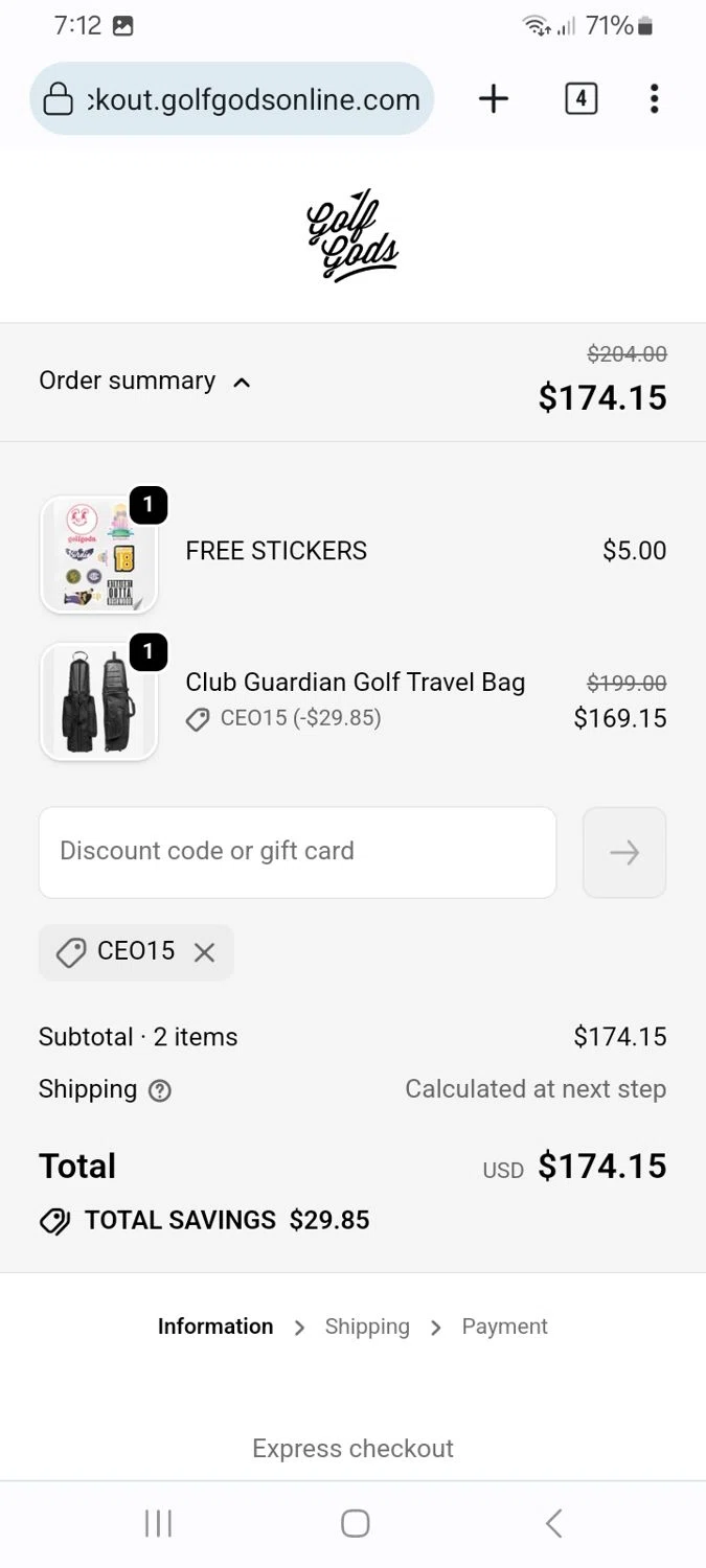 Golf Gods discount code screenshot showing code CEO15 applied at Golf Gods checkout page. Uploaded by SimplyCodes community member ScanMaverick9378 on Feb 12, 2026