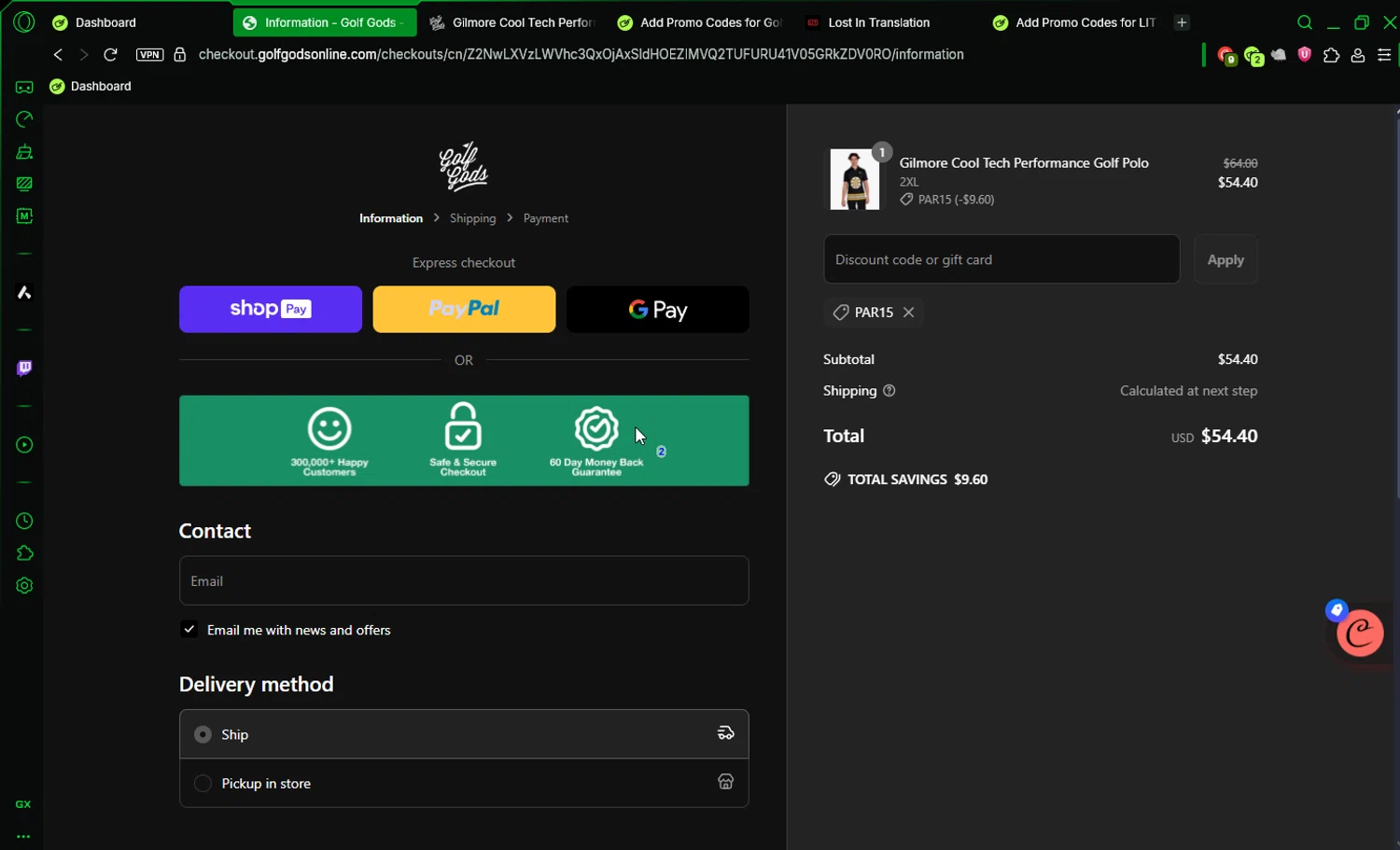 Golf Gods discount code screenshot showing code PAR15 applied at Golf Gods checkout page. Uploaded by SimplyCodes community member josetf27 on May 30, 2025
