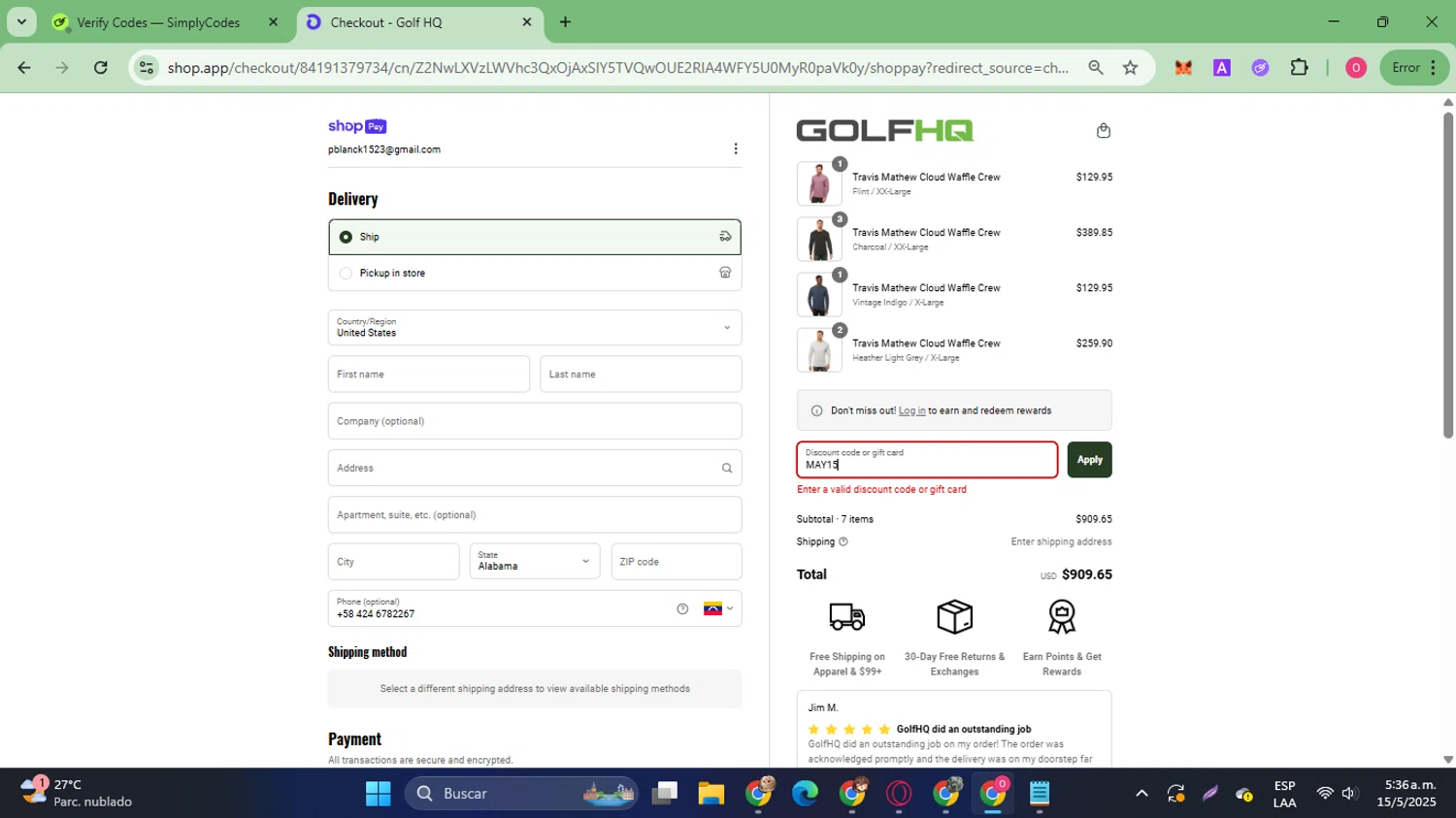 GolfHQ promo code screenshot showing code MAY15 applied at GolfHQ checkout page. Uploaded by SimplyCodes community member SilverVirtuoso7221 on May 15, 2025