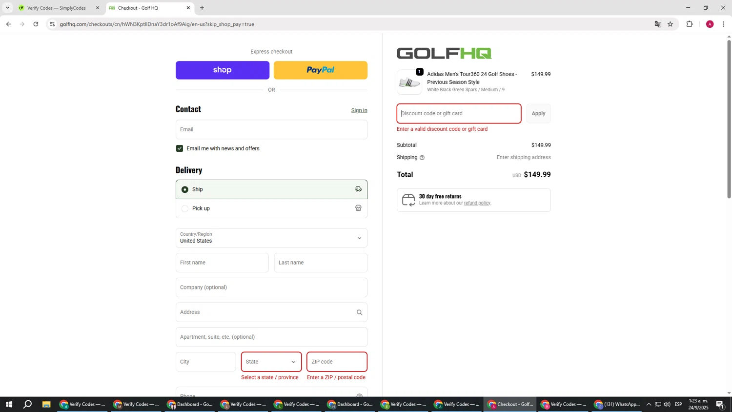 GolfHQ promo code screenshot showing code 10OFFSHOES applied at GolfHQ checkout page. Uploaded by SimplyCodes community member BMWGS1200 on Sep 24, 2025