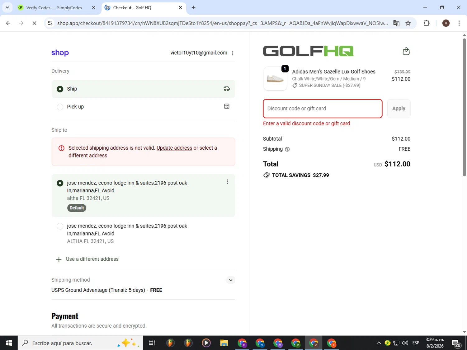GolfHQ promo code screenshot showing code 10OFFSHOES applied at GolfHQ checkout page. Uploaded by SimplyCodes community member CashLion3448 on Feb 8, 2026