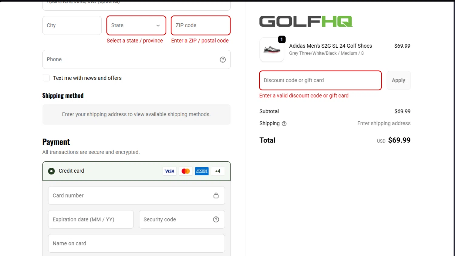 GolfHQ promo code screenshot showing code 10OFFSHOES applied at GolfHQ checkout page. Uploaded by SimplyCodes community member Underaiki on Sep 24, 2025