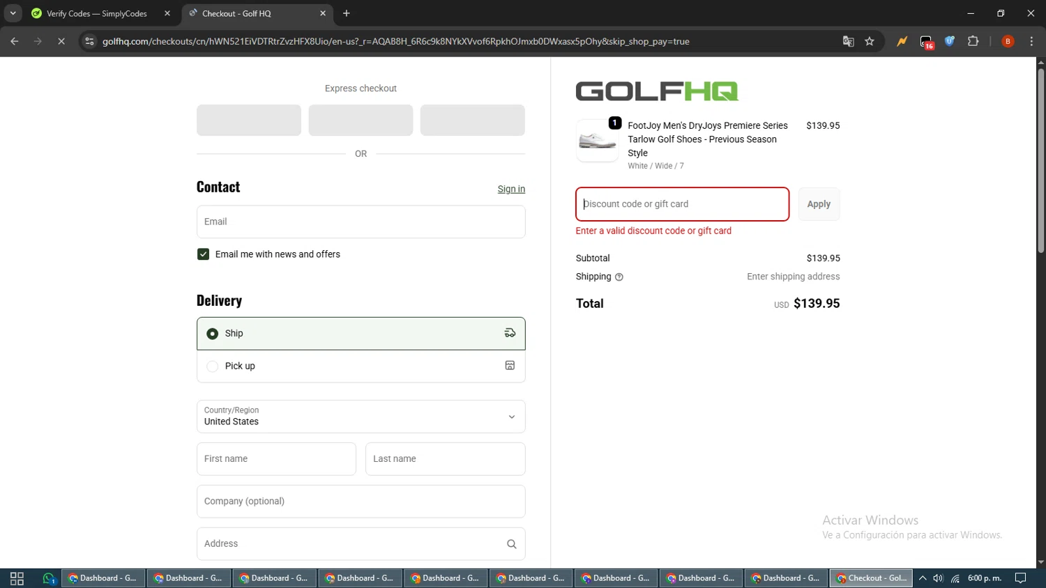 GolfHQ promo code screenshot showing code APPAREL20 applied at GolfHQ checkout page. Uploaded by SimplyCodes community member BrilliantLynx7174 on Nov 7, 2025