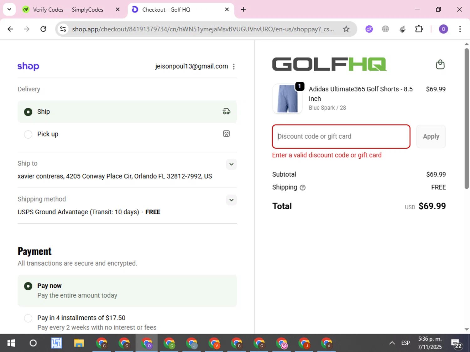 GolfHQ promo code screenshot showing code APPAREL20 applied at GolfHQ checkout page. Uploaded by SimplyCodes community member CleverLynx8245 on Nov 7, 2025