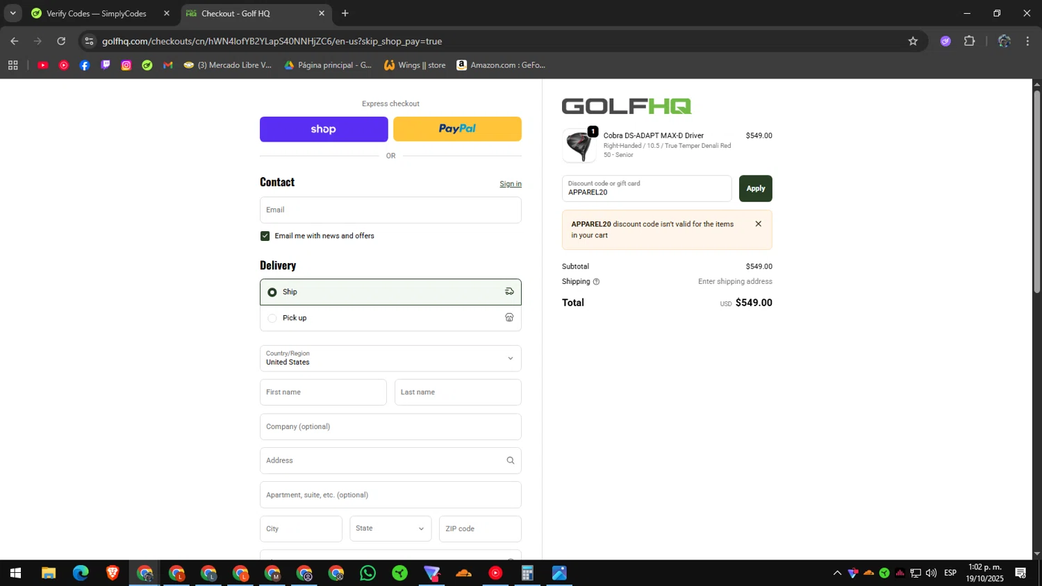 GolfHQ checkout page showing GolfHQ promo code box | Screenshot taken by SimplyCodes community member on Oct 19, 2025