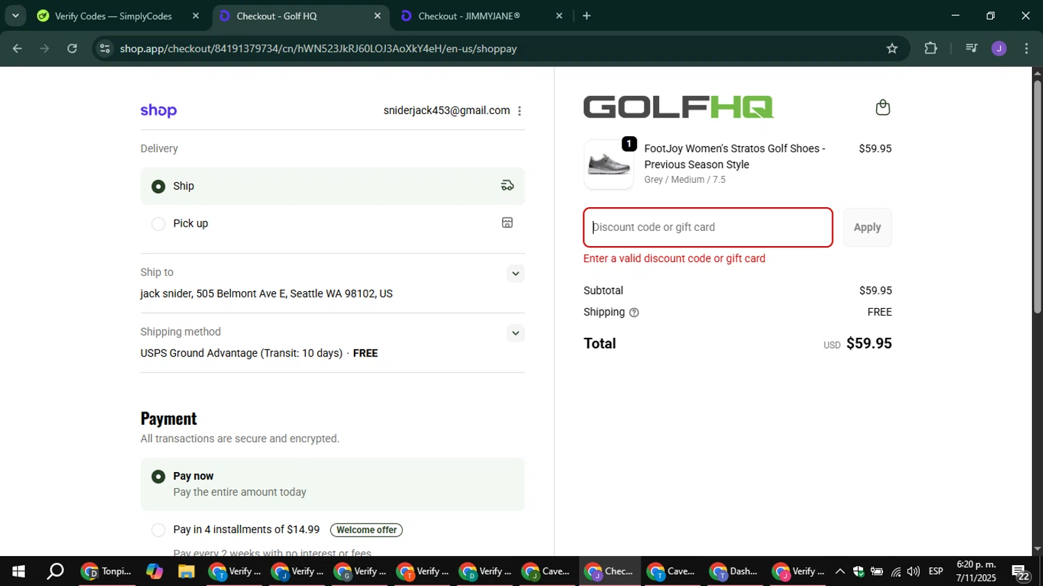 GolfHQ promo code screenshot showing code APPAREL20 applied at GolfHQ checkout page. Uploaded by SimplyCodes community member sniderjack453 on Nov 7, 2025