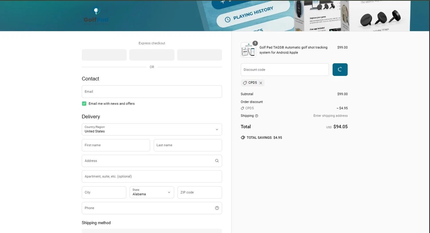Golf Pad discount code screenshot showing code CPD5 applied at Golf Pad checkout page. Uploaded by SimplyCodes community member BargainRanger2568 on Jun 15, 2025
